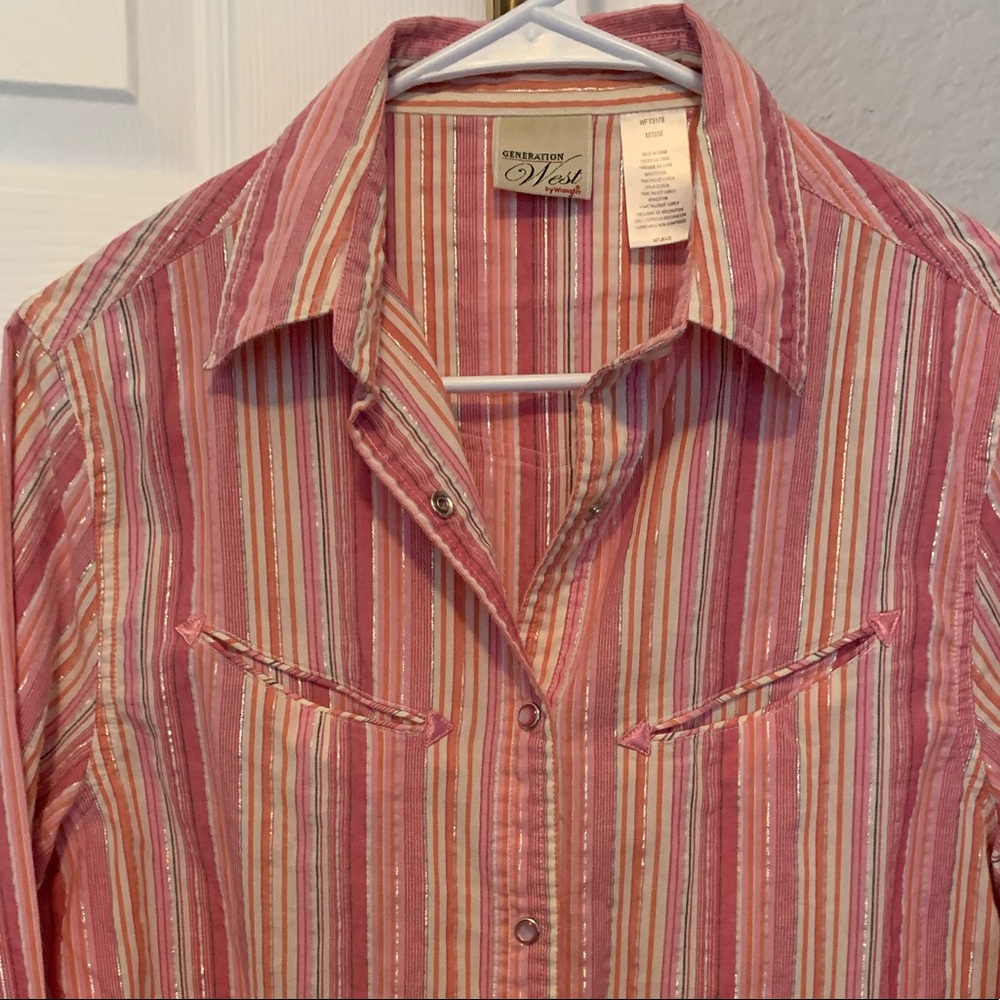 Pink striped western shirt with gold thread accent